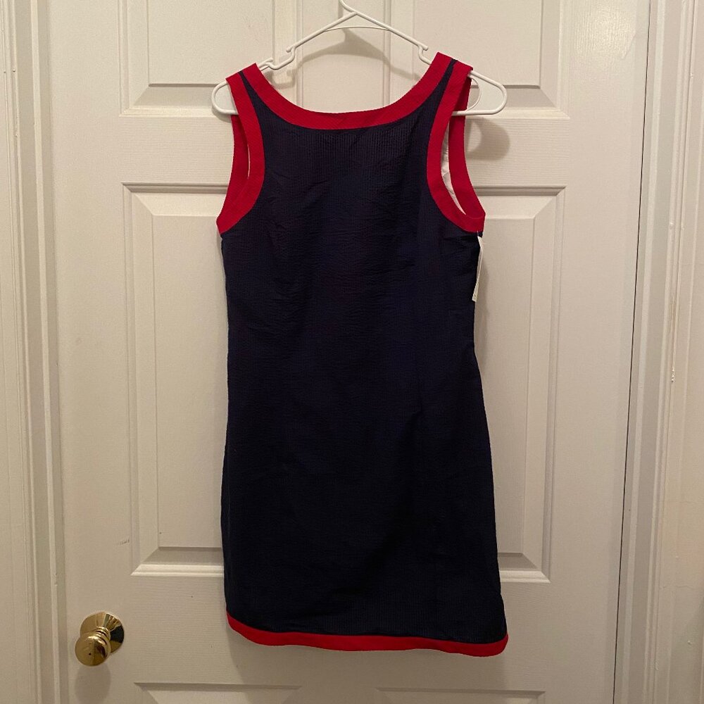 NWT Lauren James Women's Harper Navy Blue Red Seersucker Sleeveless Dress Small